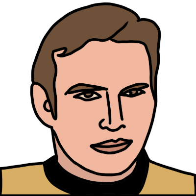 A drawing of the head and shoulders of James T. Kirk from Star Trek: The Original Series, portrayed by William Shatner.